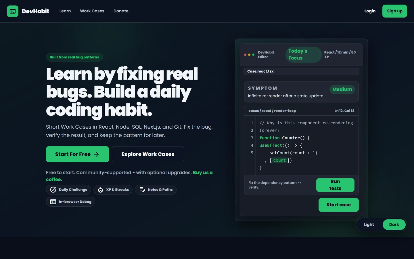 DevHabit landing page in the dark theme