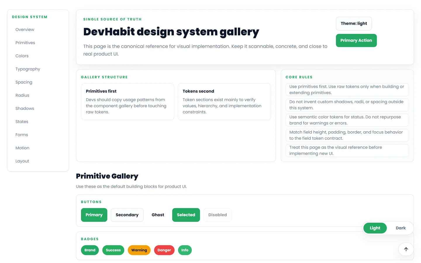 DevHabit design system gallery with tokens and primitives